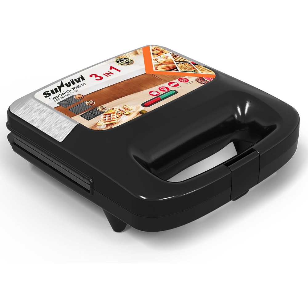 image:imageSunvivi Sandwich Maker Panini Press Waffle Maker with Removable Plates 3 in 1 Sandwich Maker Press with NonStick Plates Indicator Lights amp Cool Touch Handle 750W BlackNewSilver