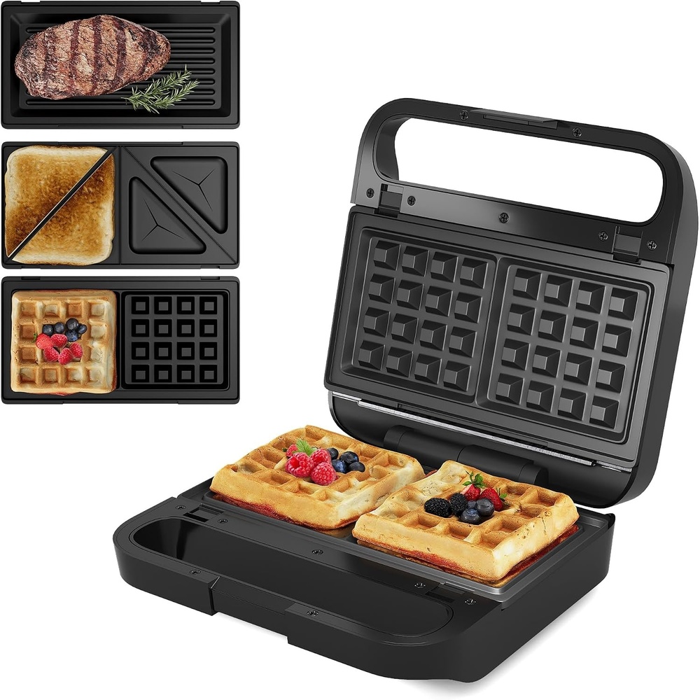 image:imageSunvivi Sandwich Maker Panini Press Waffle Maker with Removable Plates 3 in 1 Sandwich Maker Press with NonStick Plates Indicator Lights amp Cool Touch Handle 750W BlackBlackGlassTopA