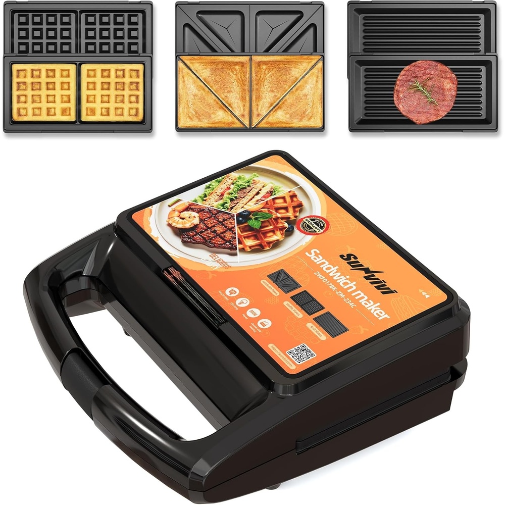 image:imageSunvivi Sandwich Maker Panini Press Waffle Maker with Removable Plates 3 in 1 Sandwich Maker Press with NonStick Plates Indicator Lights amp Cool Touch Handle 750W BlackBlackGlassTopC
