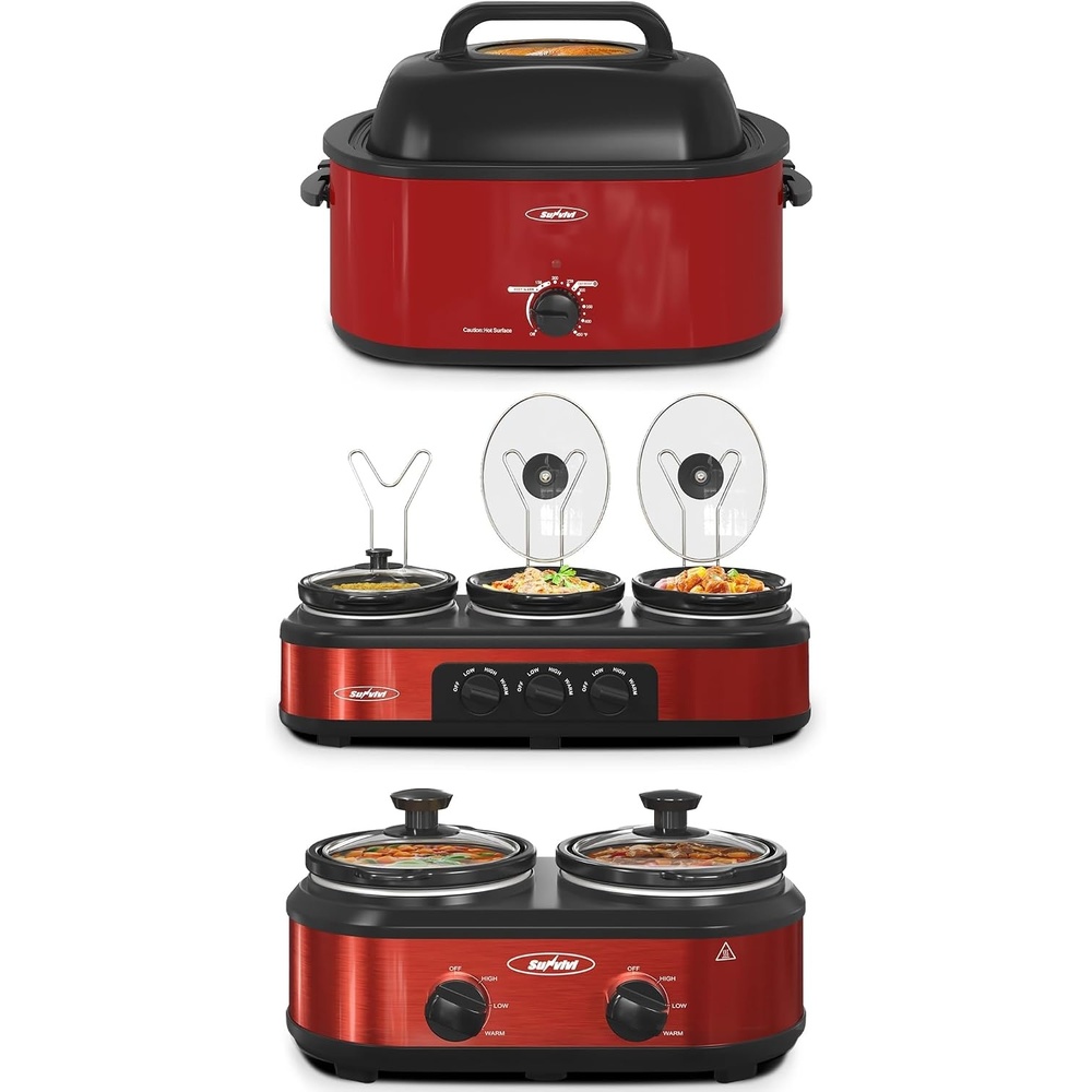 image:imageSunvivi Slow Cooker and Roaster Oven Double Slow Cooker Crock Food Warm Pot Triple Slow Cooker Buffet Servers and Warmer 26 Quart Electric Roaster OvenRed