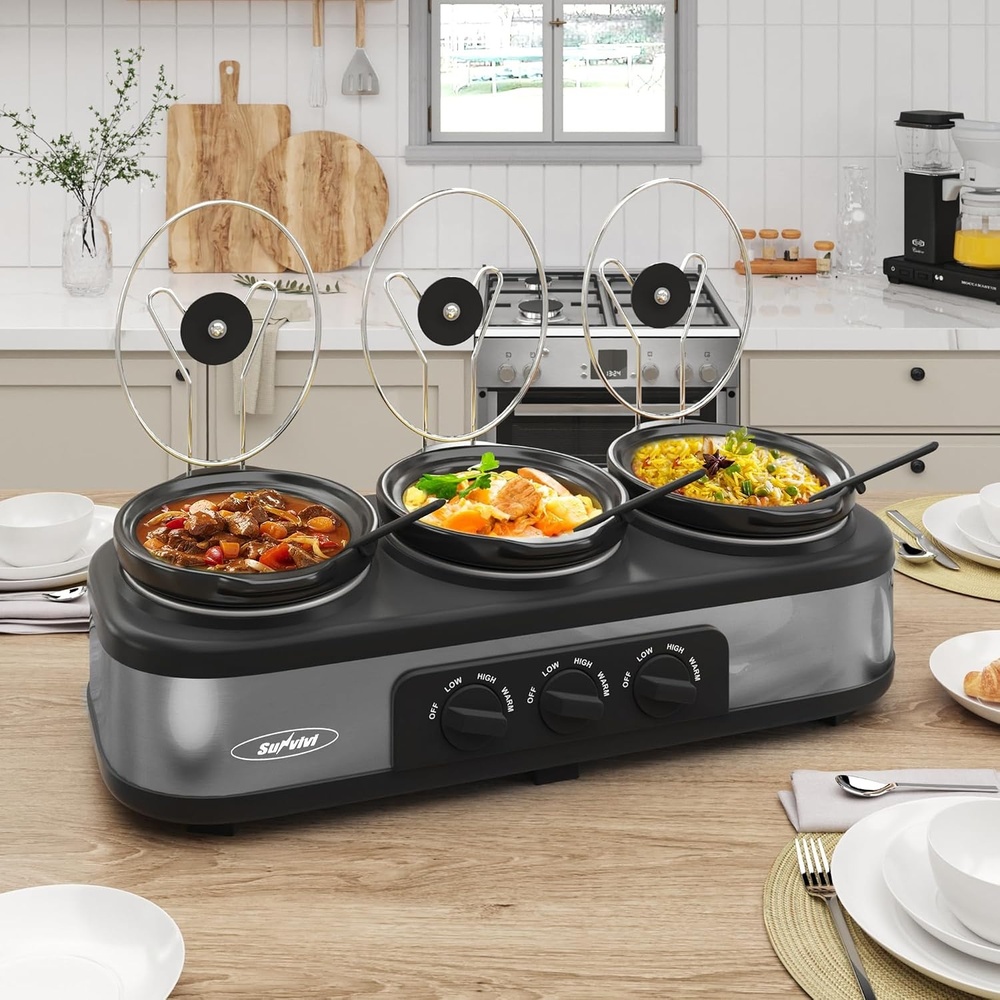 image:imageSunvivi Slow Cooker with 10 Cooking Liners Triple Slow Cooker Buffet Server 3 Pot Food Warmer for Parties with 3 Spoons Lid RestsAdjustable Temp 3 15 Quarts SilverGrey Triple 15QT