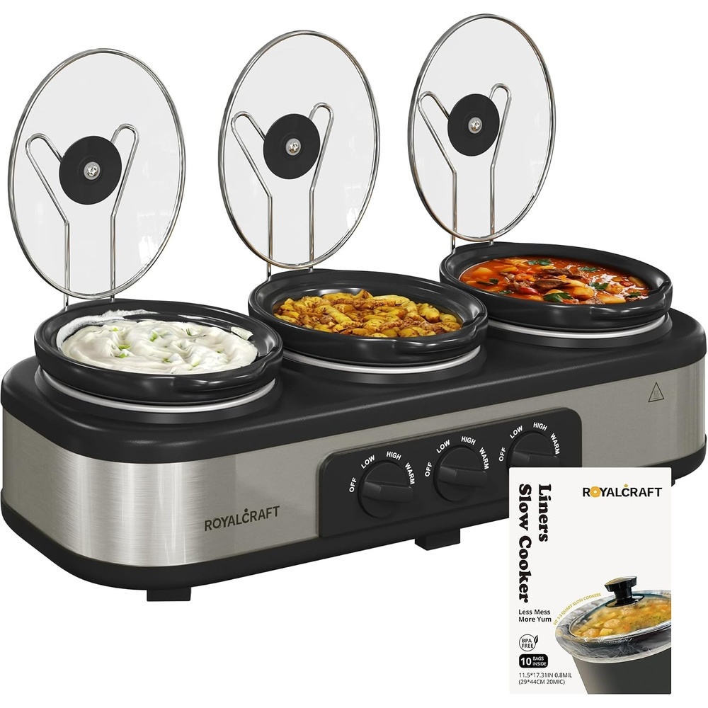 image:imageSunvivi Slow Cooker with 10 Cooking Liners Triple Slow Cooker Buffet Server 3 Pot Food Warmer for Parties with 3 Spoons Lid RestsAdjustable Temp 3 15 Quarts SilverSilverBlack Triple 15QT
