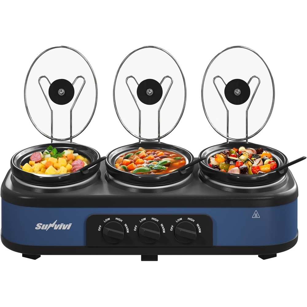 image:imageSunvivi Slow Cooker with 10 Cooking Liners Triple Slow Cooker Buffet Server 3 Pot Food Warmer for Parties with 3 Spoons Lid RestsAdjustable Temp 3 15 Quarts SilverBlue Triple 25QT