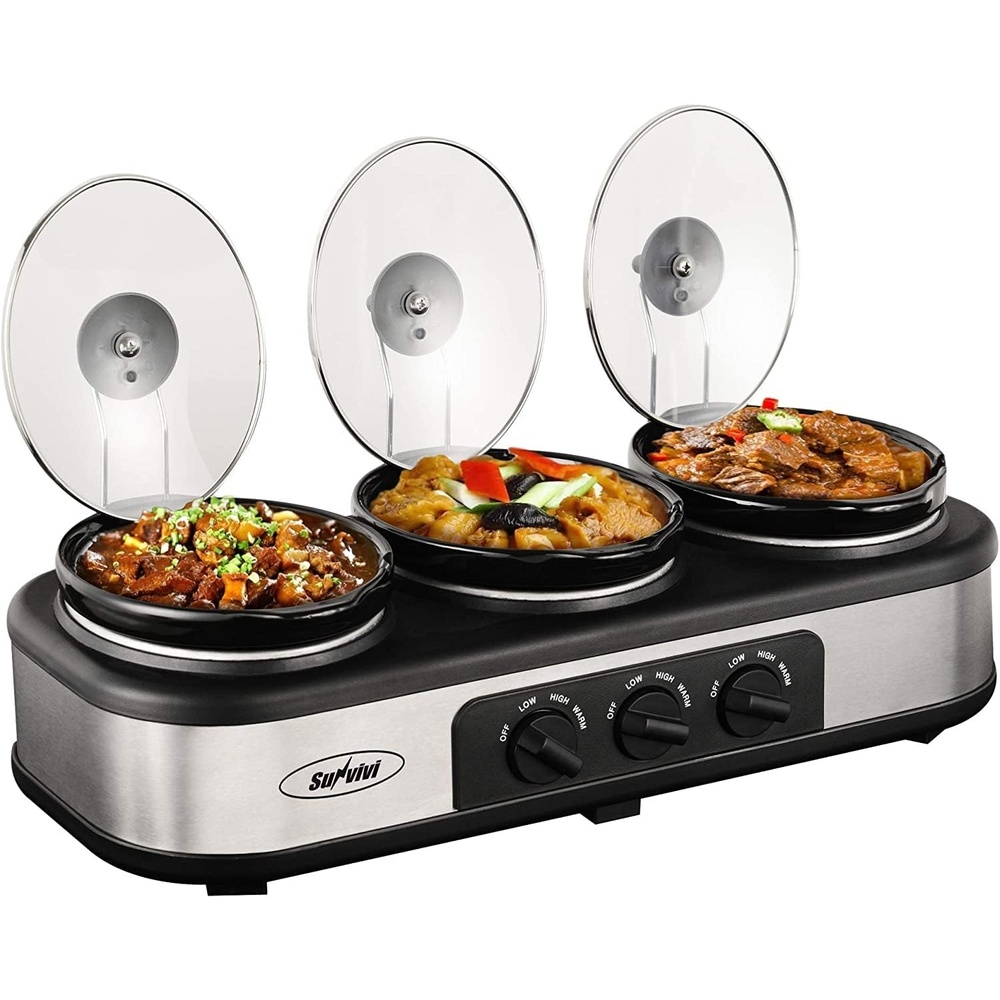 image:imageSunvivi Triple Slow Cooker Buffet Servers and Warmer3 Pot Food Small Mini Manual Slow Cooker with Adjustable Temp Stainless Steel Lid RestsRemovable Ceramic Pot 3 15 Quarts RedBlackSilver