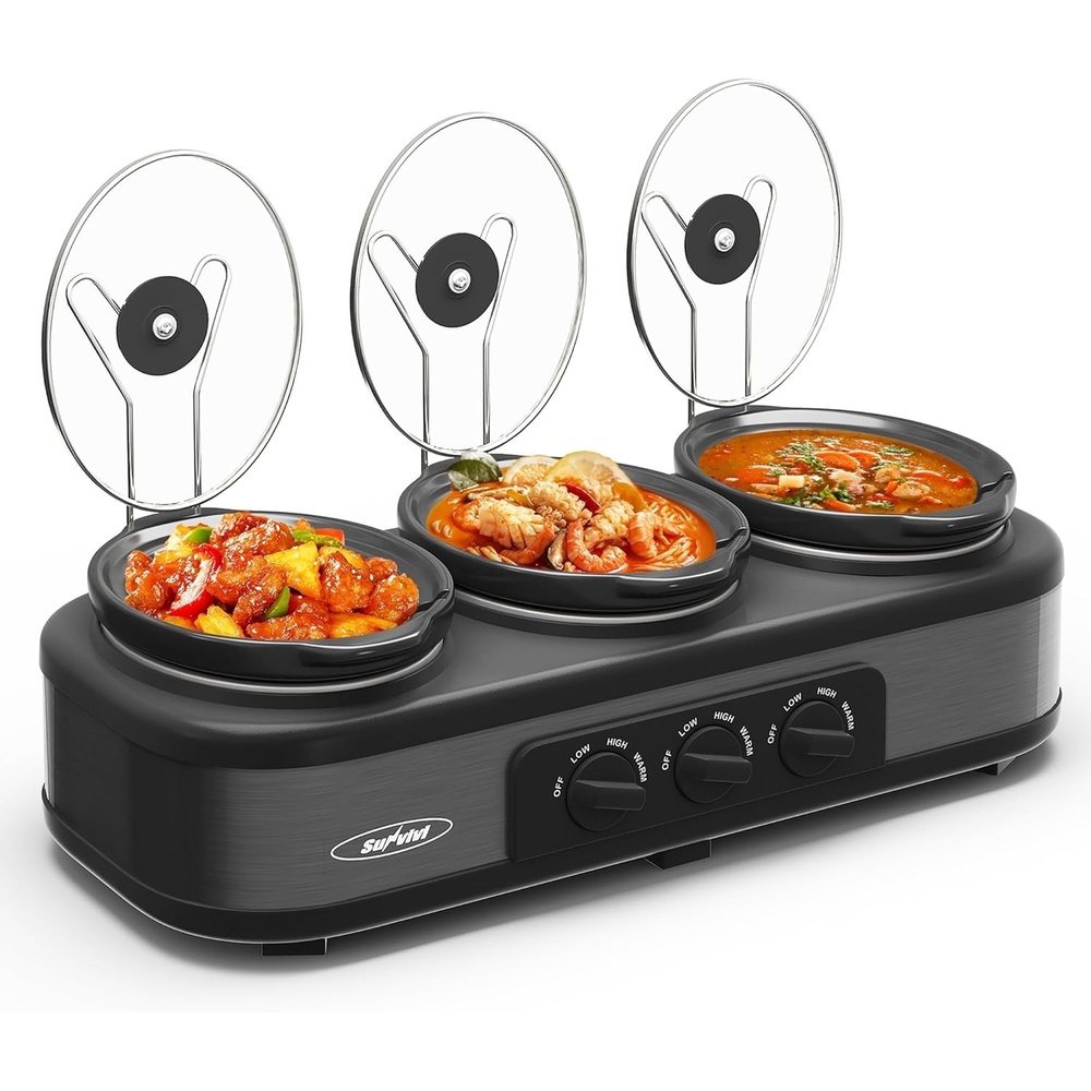 image:imageSunvivi Triple Slow Cooker Buffet Servers and Warmer3 Pot Food Small Mini Manual Slow Cooker with Adjustable Temp Stainless Steel Lid RestsRemovable Ceramic Pot 3 15 Quarts RedGray