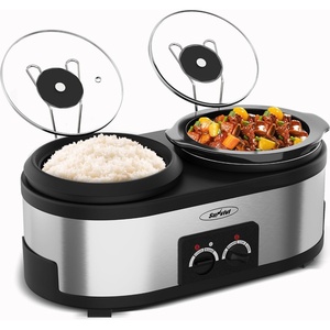 image:imageSunvivi 2 in 1 Slow Cooker and Rice Cooker Slow Cooker with 15 QT Ceramic Pot amp 3 Temps Rice Cooker with 3 Cup NonStick Aluminum Pot amp Indicator Lights Dual Control Knob Stainless Steel