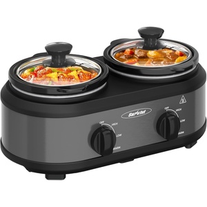 image:imageSunvivi Double Slow Cooker2 Pot Small Mini Crock Buffet Servers and WarmerDual Pot Oval Manual Slow Cooker with Adjustable Temp Removable Ceramic PotStainless Steel Total 2  125 Quarts BlackGray