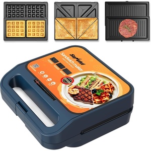 image:imageSunvivi Sandwich Maker Panini Press Waffle Maker with Removable Plates 3 in 1 Sandwich Maker Press with NonStick Plates Indicator Lights amp Cool Touch Handle 750W BlackBlueGlassTopB