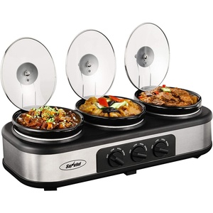 image:imageSunvivi Triple Slow Cooker Buffet Servers and Warmer3 Pot Food Small Mini Manual Slow Cooker with Adjustable Temp Stainless Steel Lid RestsRemovable Ceramic Pot 3  15 Quarts RedBlackSilver