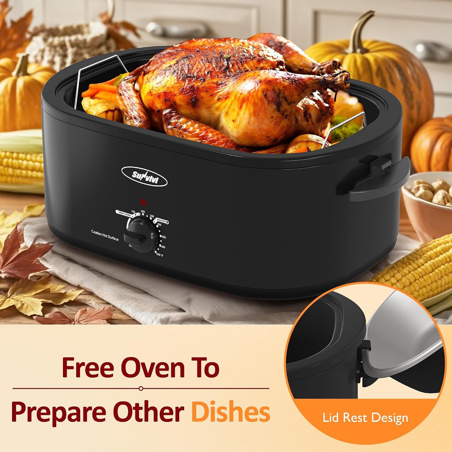 image:imageSunvivi Electric Roaster 24 Quart Electric Roaster Oven with SelfBasting Lid Turkey Roaster Oven Buffet with Removable Pan CoolTouch Handles BlackBlack