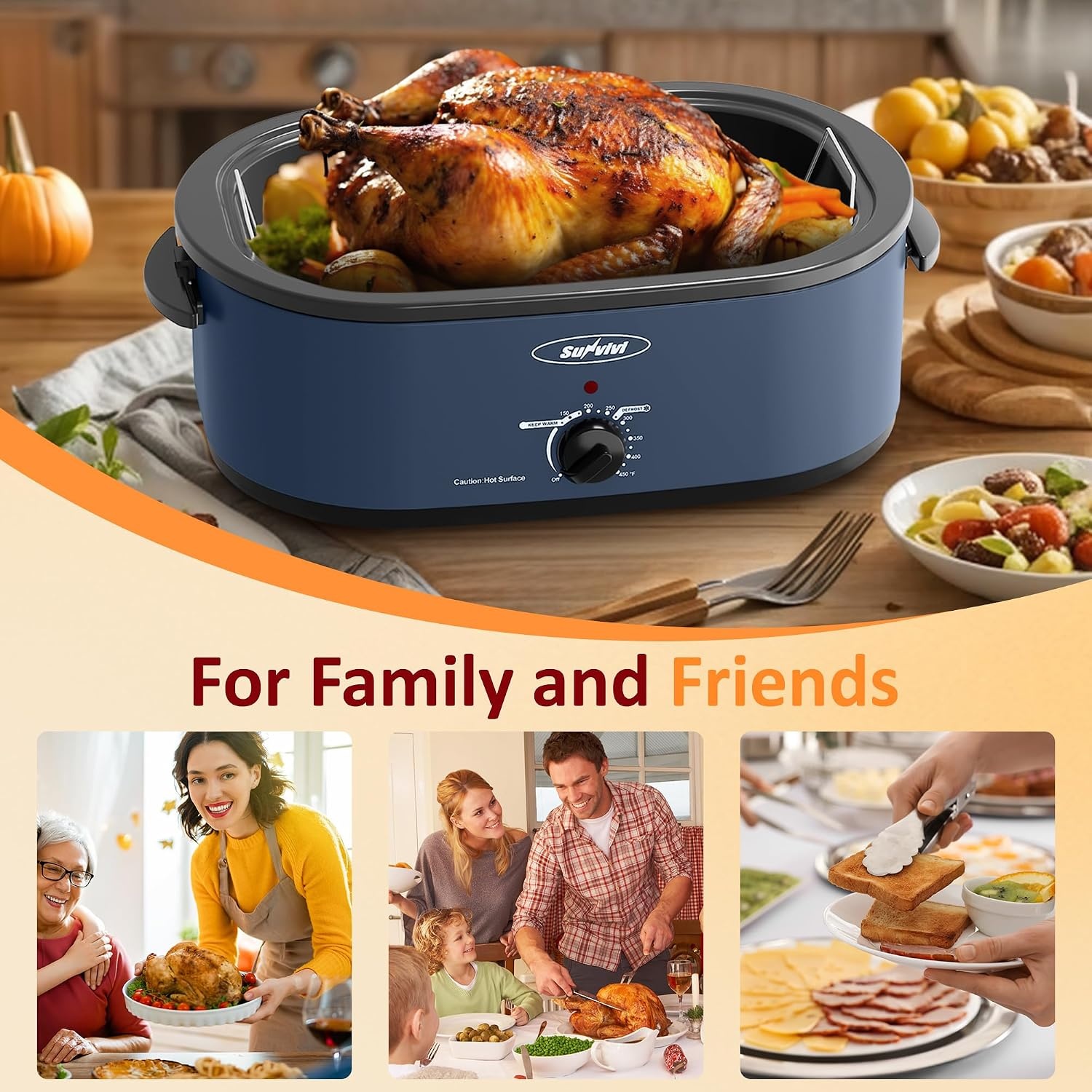 image:imageSunvivi Electric Roaster 24 Quart Electric Roaster Oven with SelfBasting Lid Turkey Roaster Oven Buffet with Removable Pan CoolTouch Handles BlackBlue