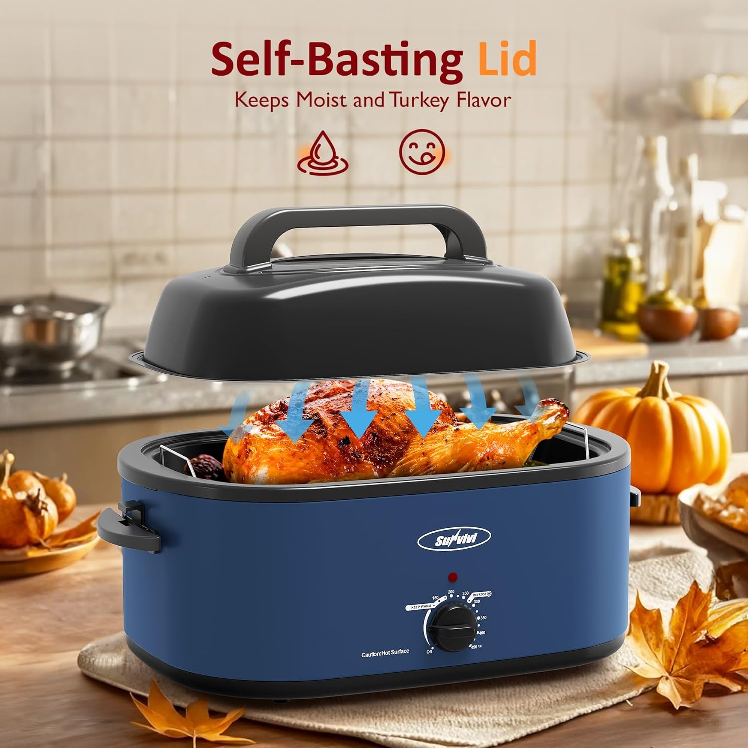 image:imageSunvivi Electric Roaster 24 Quart Electric Roaster Oven with SelfBasting Lid Turkey Roaster Oven Buffet with Removable Pan CoolTouch Handles BlackBlue