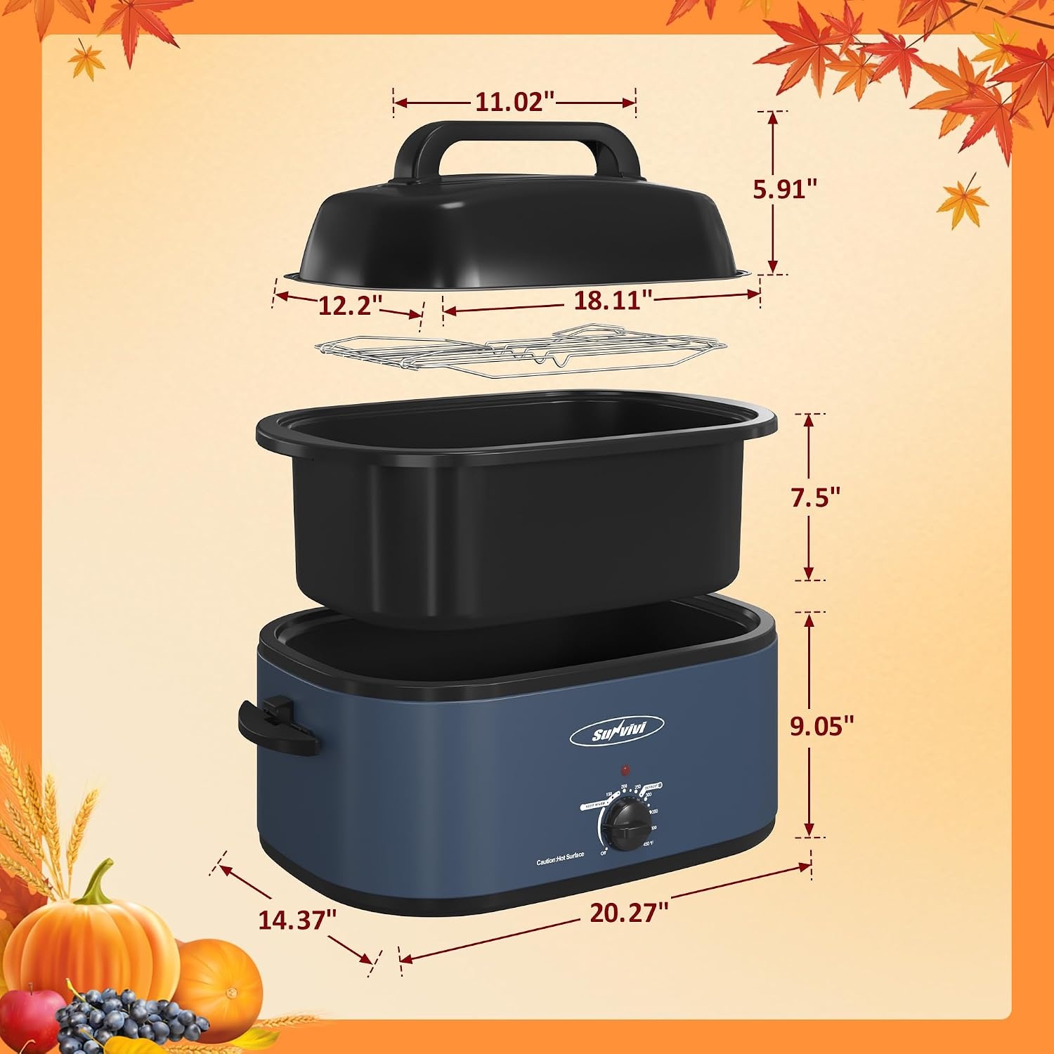 image:imageSunvivi Electric Roaster 24 Quart Electric Roaster Oven with SelfBasting Lid Turkey Roaster Oven Buffet with Removable Pan CoolTouch Handles BlackBlue