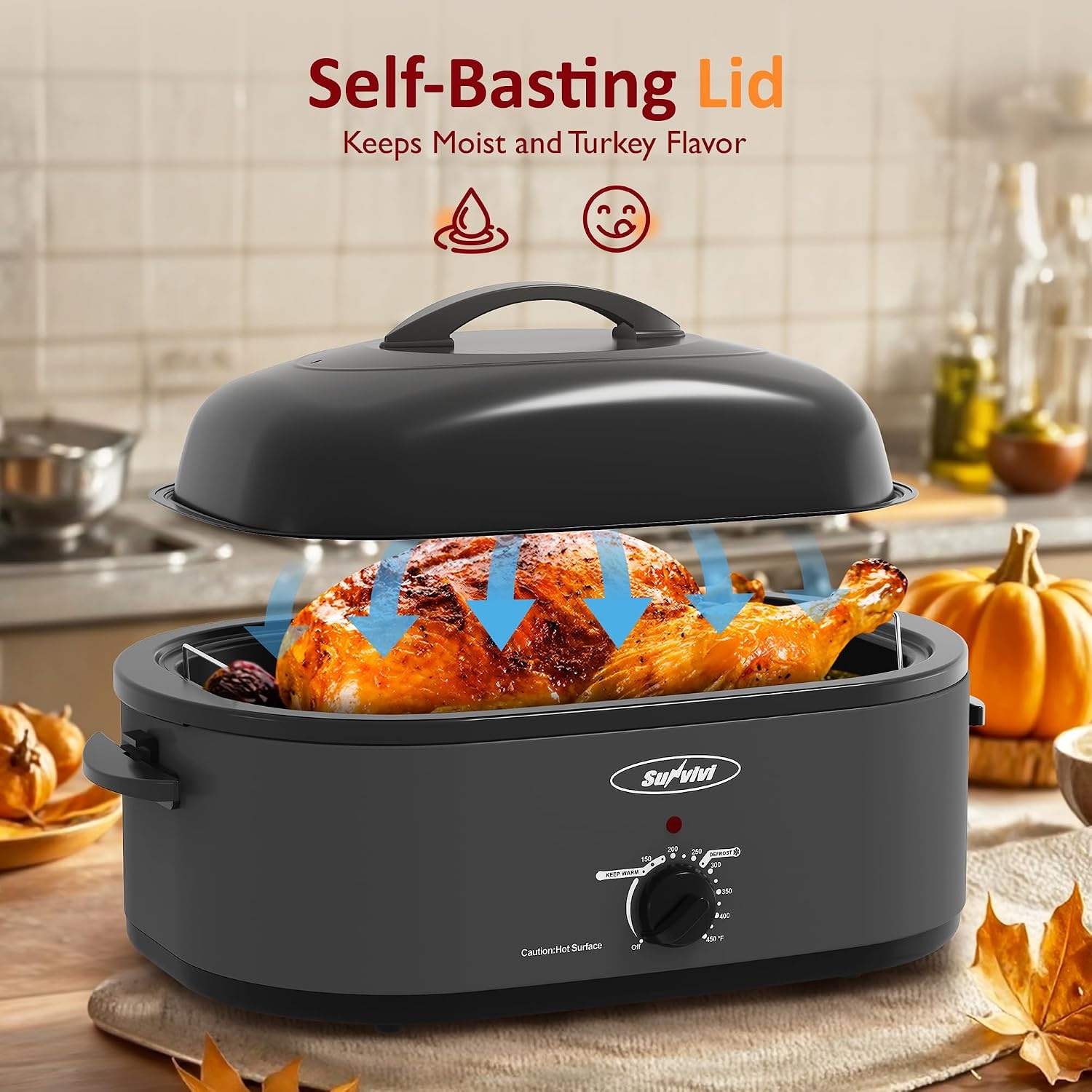 image:imageSunvivi Electric Roaster 24 Quart Electric Roaster Oven with SelfBasting Lid Turkey Roaster Oven Buffet with Removable Pan CoolTouch Handles BlackGrey