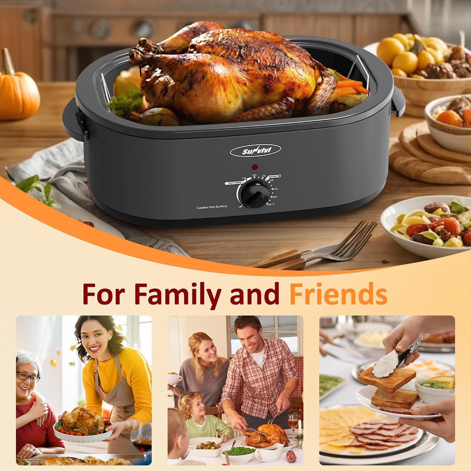 image:imageSunvivi Electric Roaster 24 Quart Electric Roaster Oven with SelfBasting Lid Turkey Roaster Oven Buffet with Removable Pan CoolTouch Handles BlackGrey
