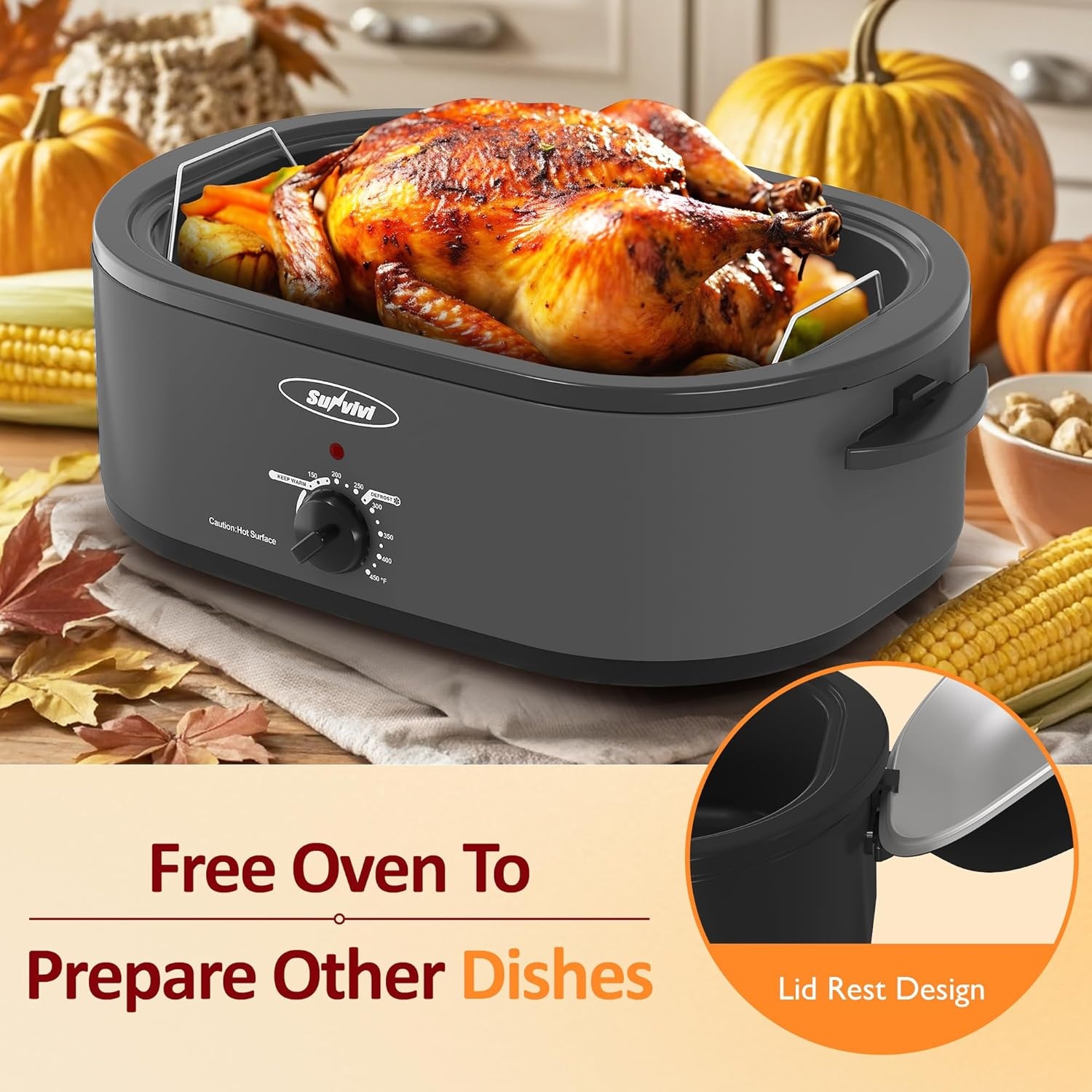 image:imageSunvivi Electric Roaster 24 Quart Electric Roaster Oven with SelfBasting Lid Turkey Roaster Oven Buffet with Removable Pan CoolTouch Handles BlackGrey