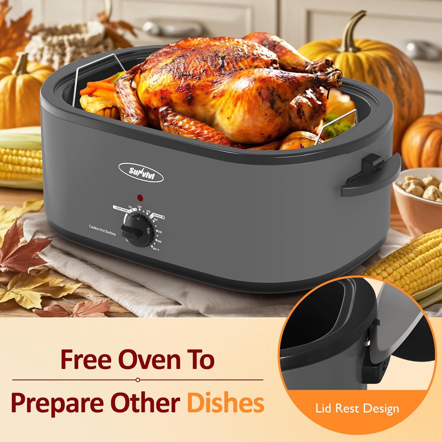 image:imageSunvivi Electric Roaster 24 Quart Electric Roaster Oven with SelfBasting Lid Turkey Roaster Oven Buffet with Removable Pan CoolTouch Handles BlackGrey