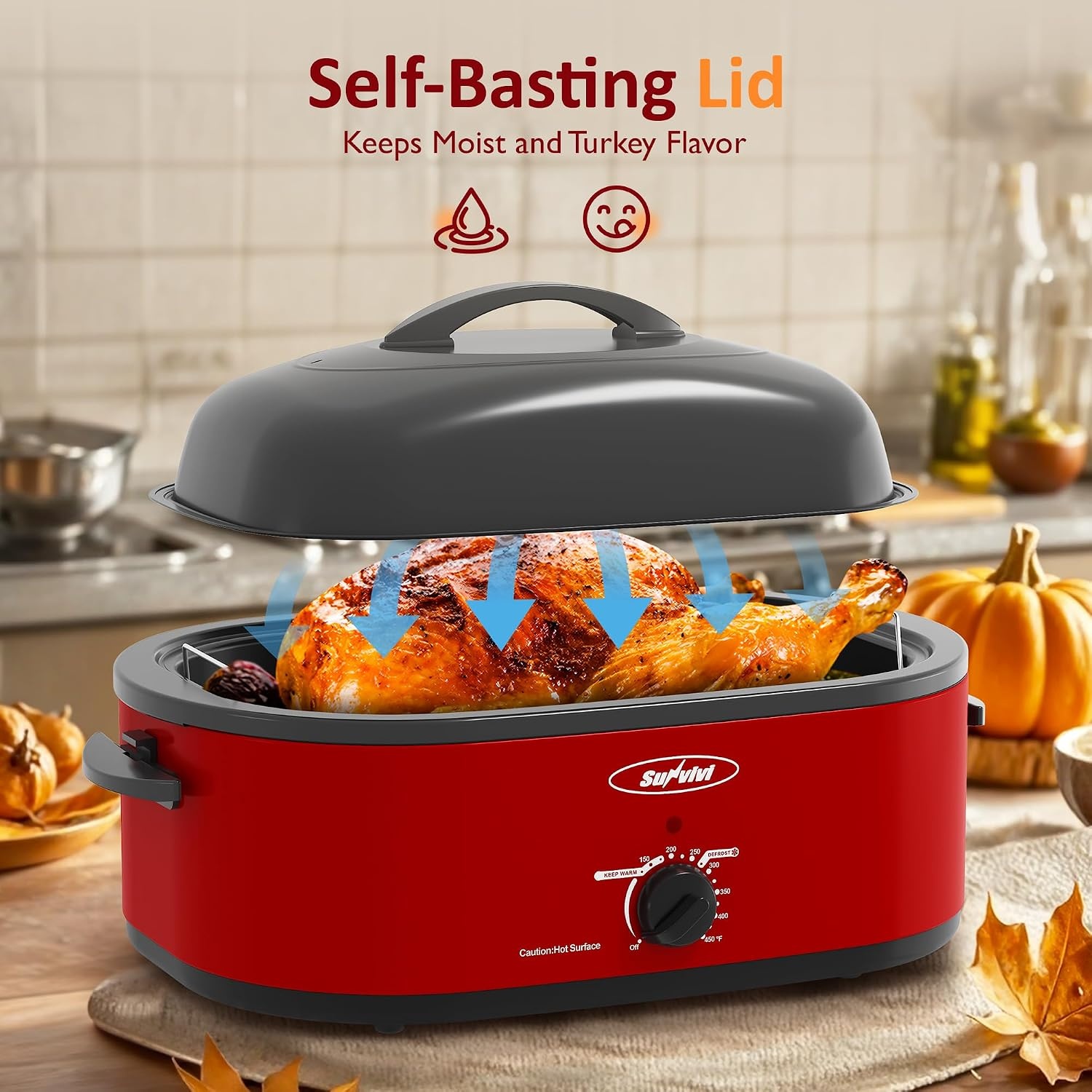 image:imageSunvivi Electric Roaster 24 Quart Electric Roaster Oven with SelfBasting Lid Turkey Roaster Oven Buffet with Removable Pan CoolTouch Handles BlackRed