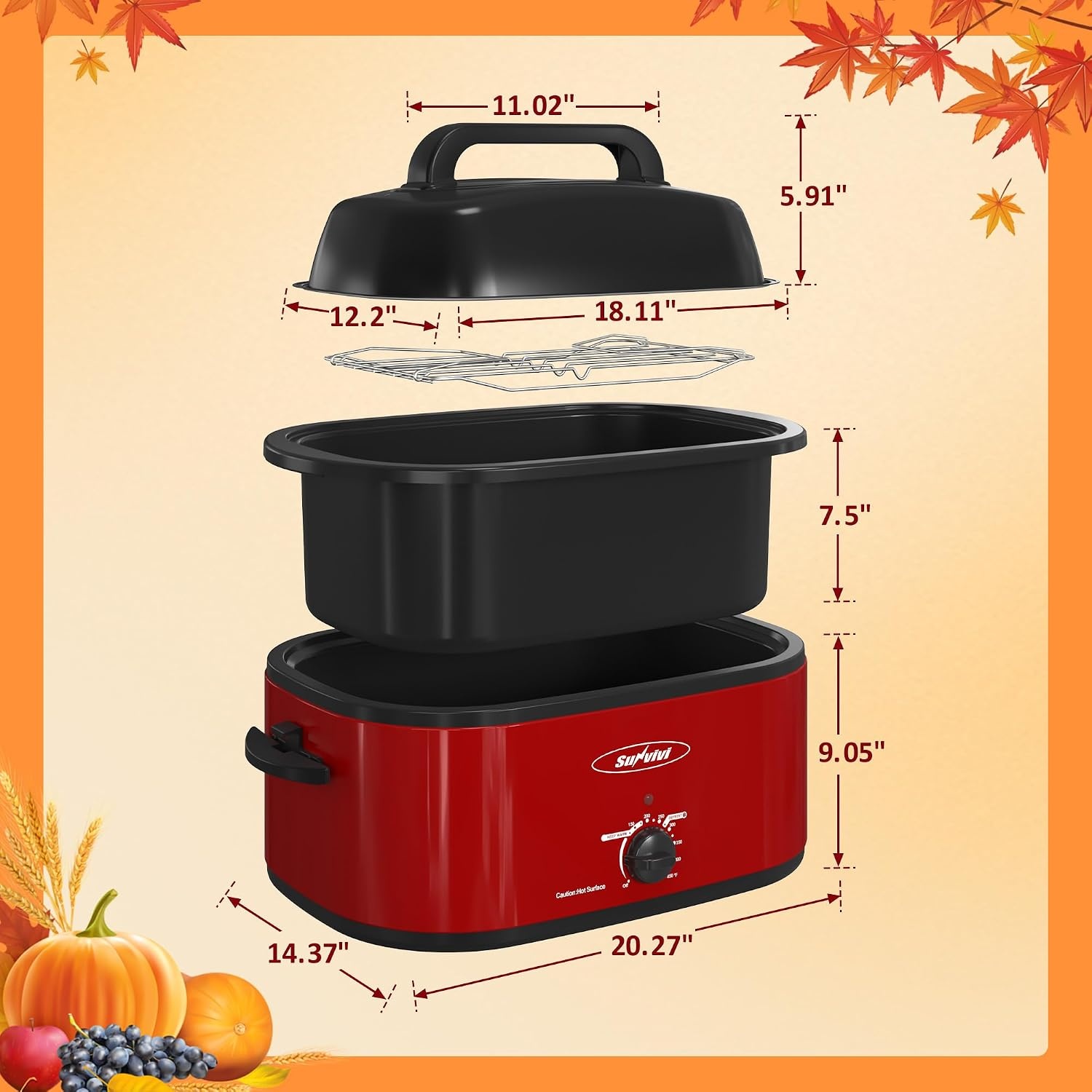 image:imageSunvivi Electric Roaster 24 Quart Electric Roaster Oven with SelfBasting Lid Turkey Roaster Oven Buffet with Removable Pan CoolTouch Handles BlackRed