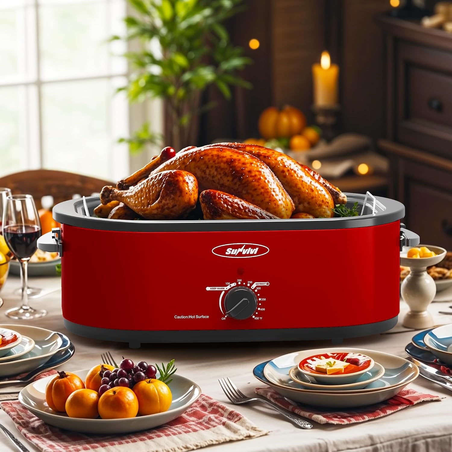 image:imageSunvivi Electric Roaster 24 Quart Electric Roaster Oven with SelfBasting Lid Turkey Roaster Oven Buffet with Removable Pan CoolTouch Handles BlackRed