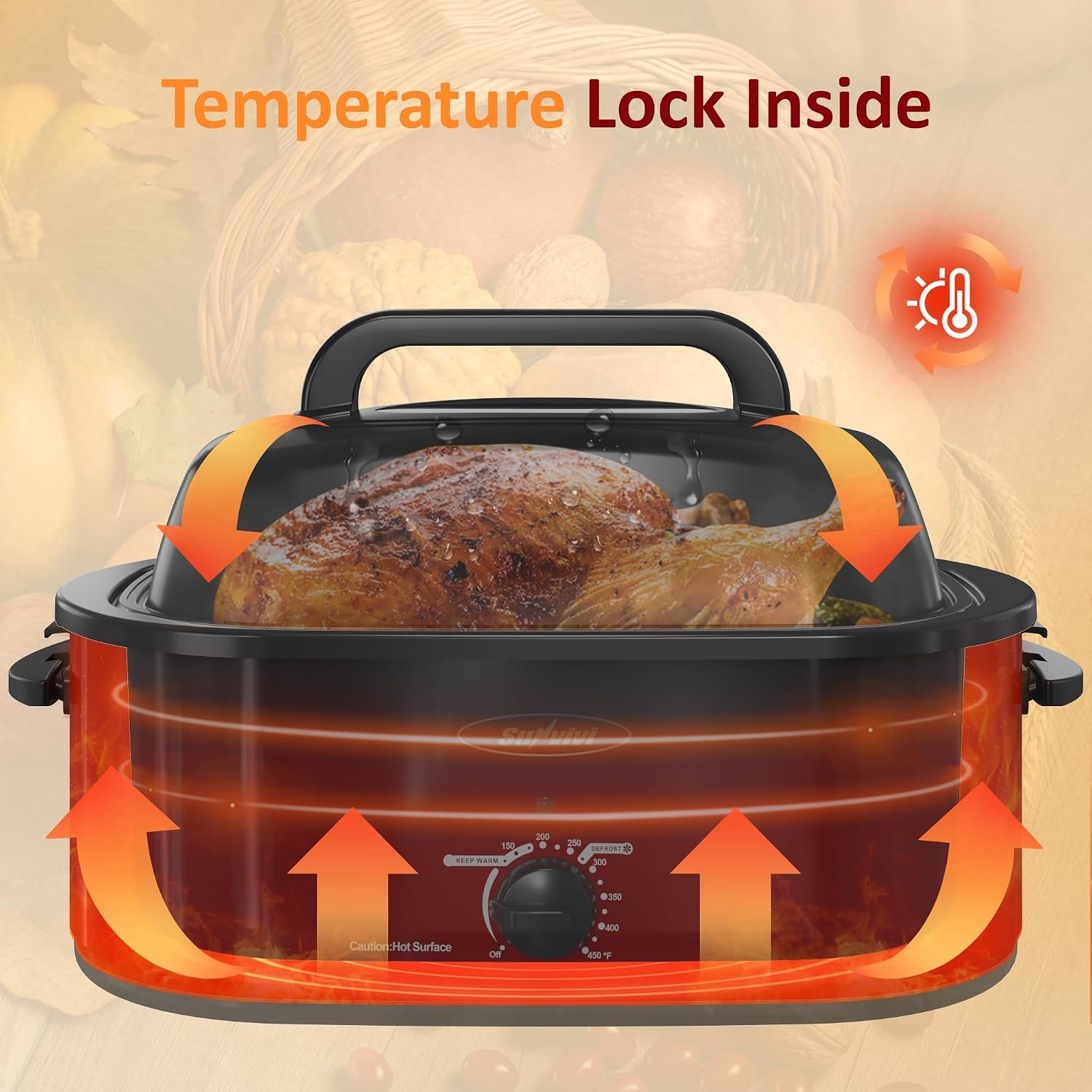 image:imageSunvivi Electric Roaster 24 Quart Electric Roaster Oven with SelfBasting Lid Turkey Roaster Oven Buffet with Removable Pan CoolTouch Handles BlackRed