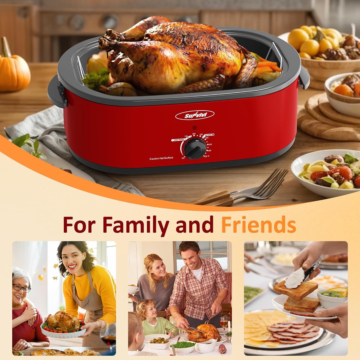 image:imageSunvivi Electric Roaster 24 Quart Electric Roaster Oven with SelfBasting Lid Turkey Roaster Oven Buffet with Removable Pan CoolTouch Handles BlackRed