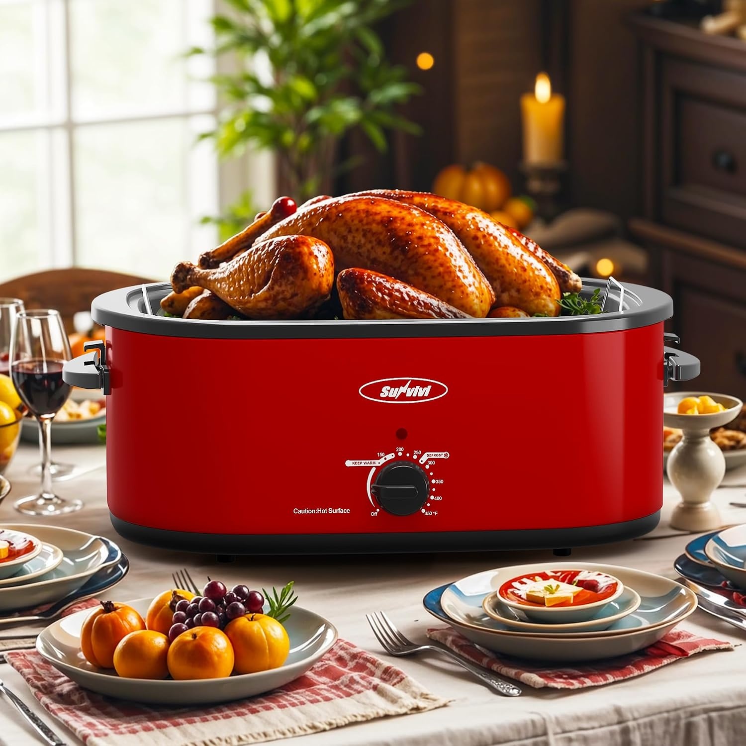 image:imageSunvivi Electric Roaster 24 Quart Electric Roaster Oven with SelfBasting Lid Turkey Roaster Oven Buffet with Removable Pan CoolTouch Handles BlackRed