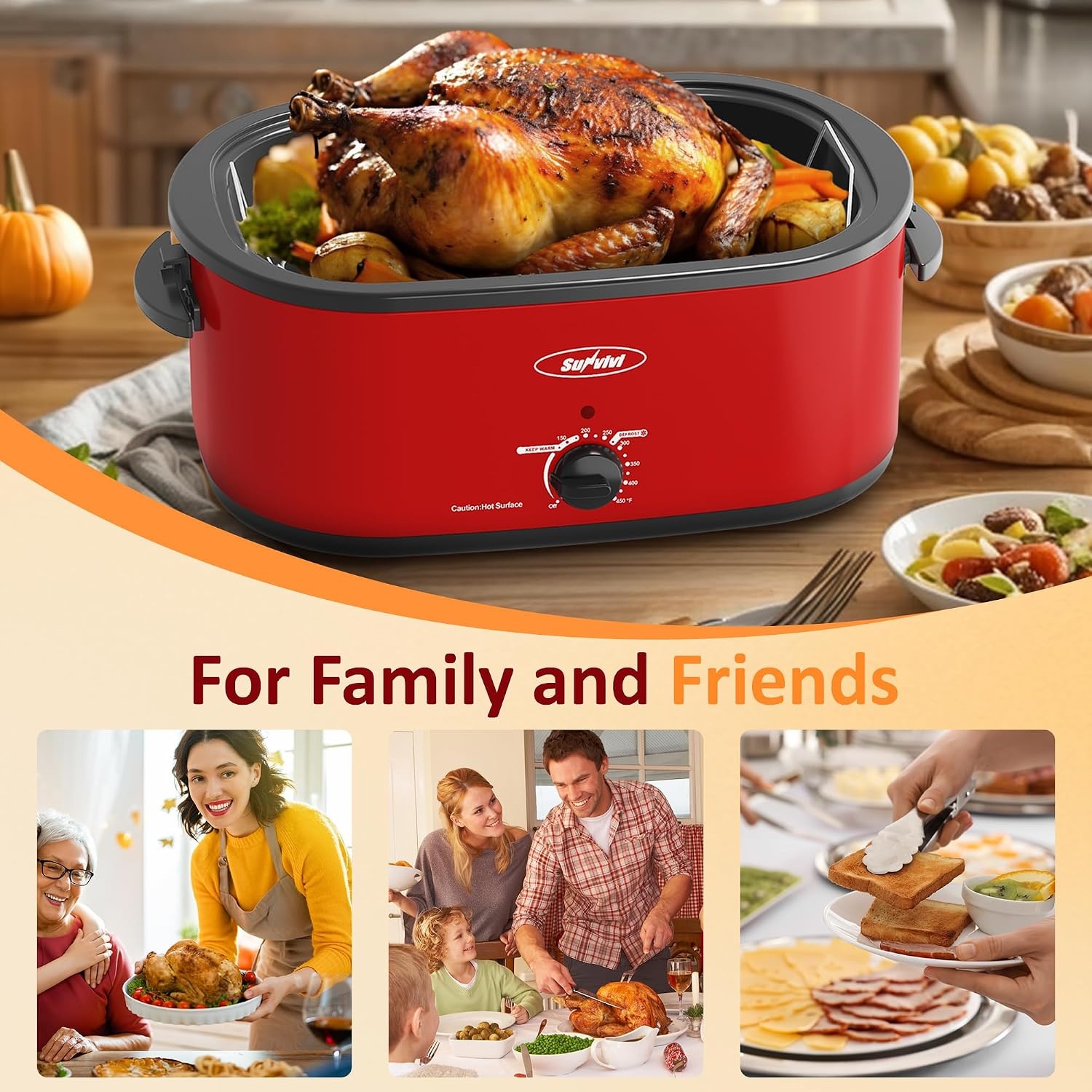 image:imageSunvivi Electric Roaster 24 Quart Electric Roaster Oven with SelfBasting Lid Turkey Roaster Oven Buffet with Removable Pan CoolTouch Handles BlackRed