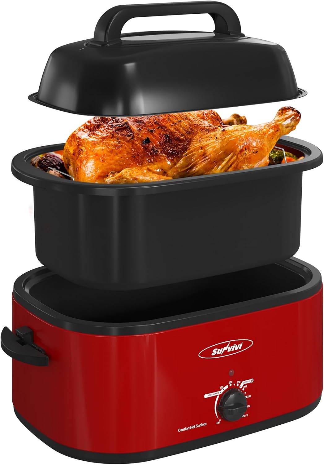 image:imageSunvivi Electric Roaster 24 Quart Electric Roaster Oven with SelfBasting Lid Turkey Roaster Oven Buffet with Removable Pan CoolTouch Handles BlackRed