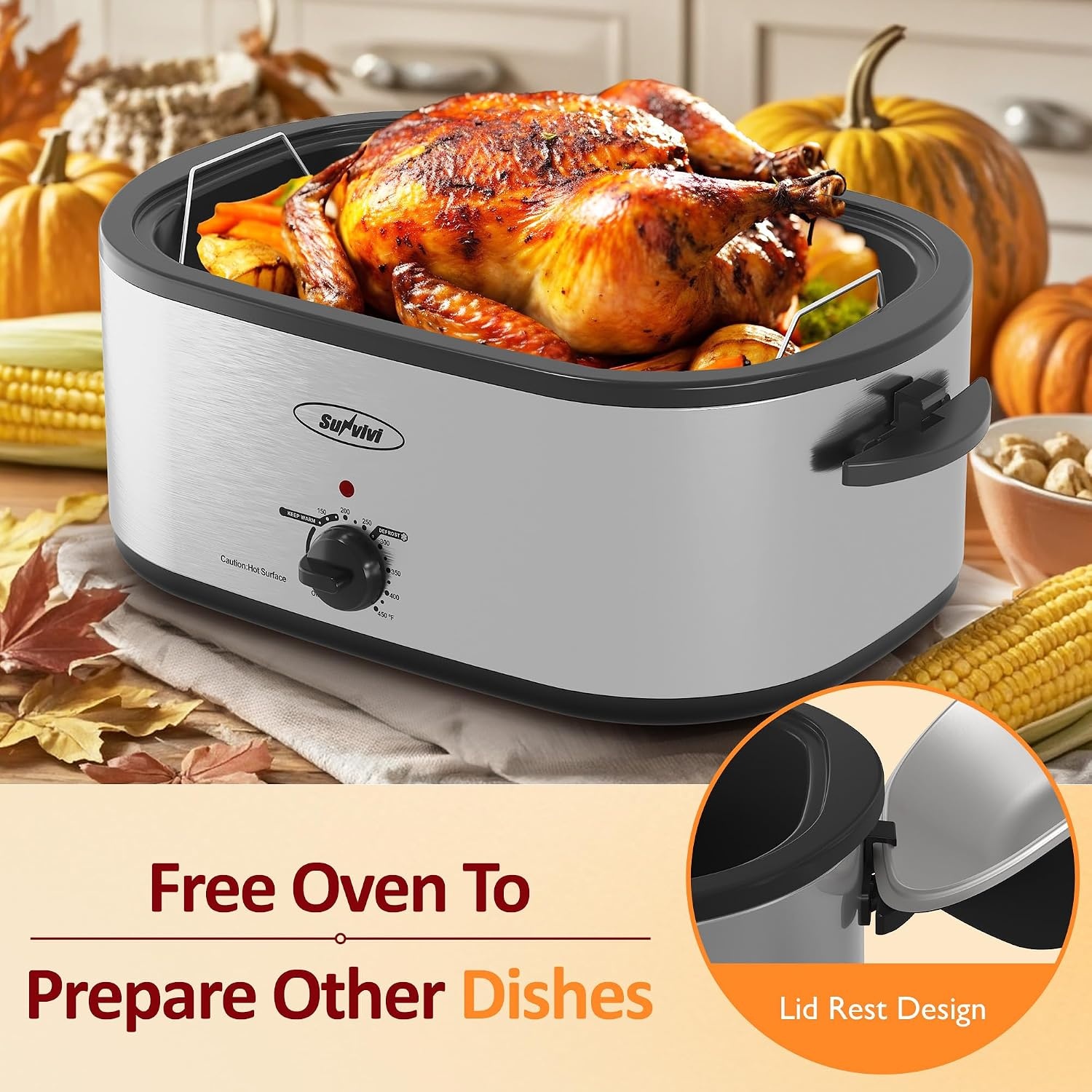 image:imageSunvivi Electric Roaster 24 Quart Electric Roaster Oven with SelfBasting Lid Turkey Roaster Oven Buffet with Removable Pan CoolTouch Handles BlackSilver