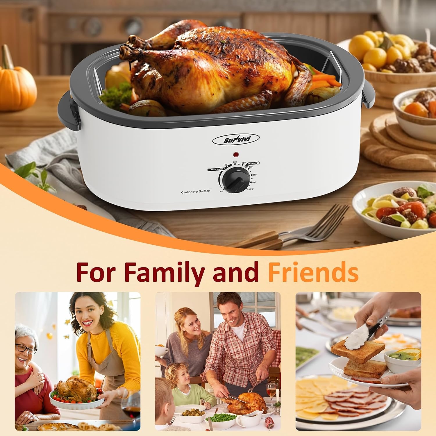 image:imageSunvivi Electric Roaster 24 Quart Electric Roaster Oven with SelfBasting Lid Turkey Roaster Oven Buffet with Removable Pan CoolTouch Handles BlackWhite