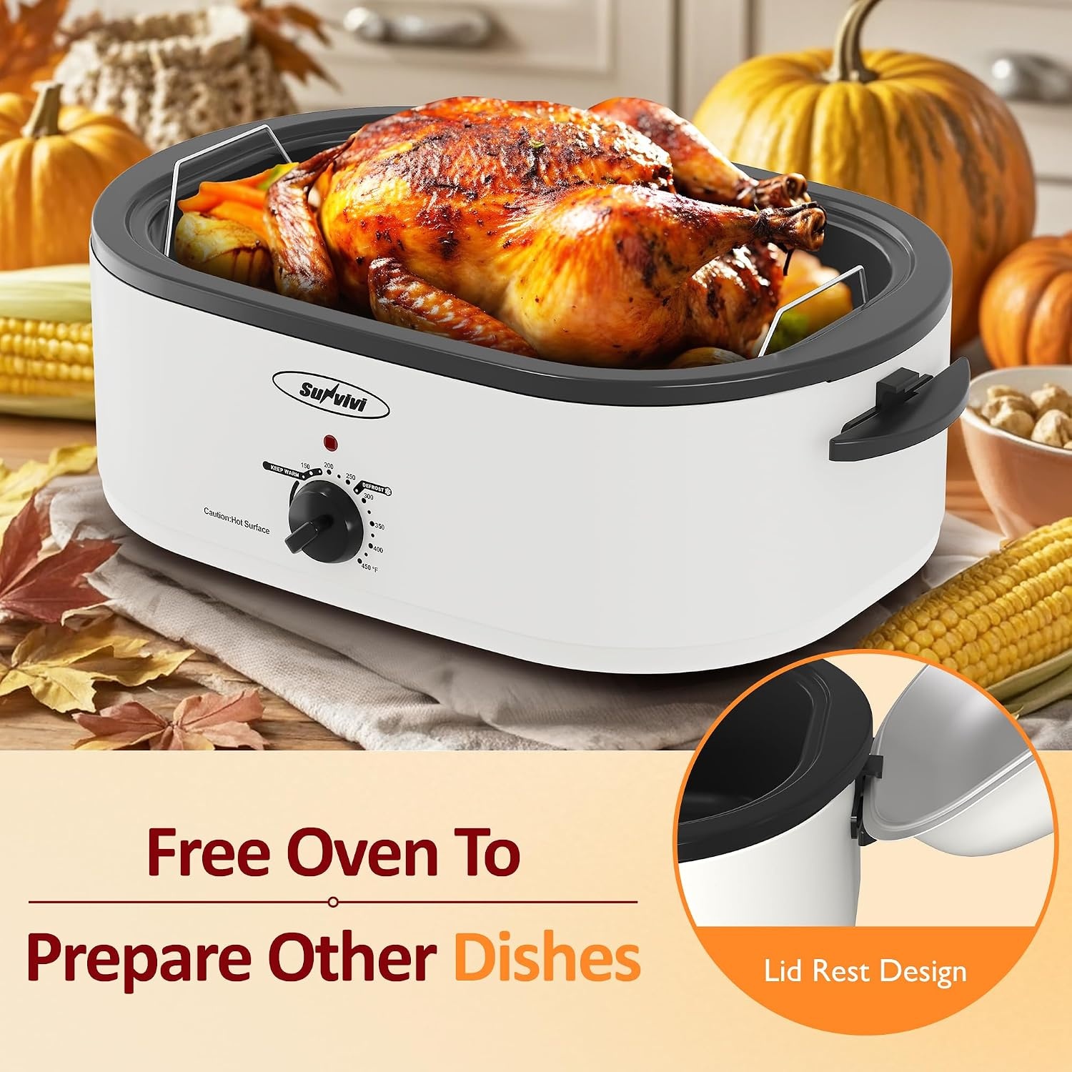 image:imageSunvivi Electric Roaster 24 Quart Electric Roaster Oven with SelfBasting Lid Turkey Roaster Oven Buffet with Removable Pan CoolTouch Handles BlackWhite